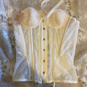 Savage X Fenty white lace corset with gold accents